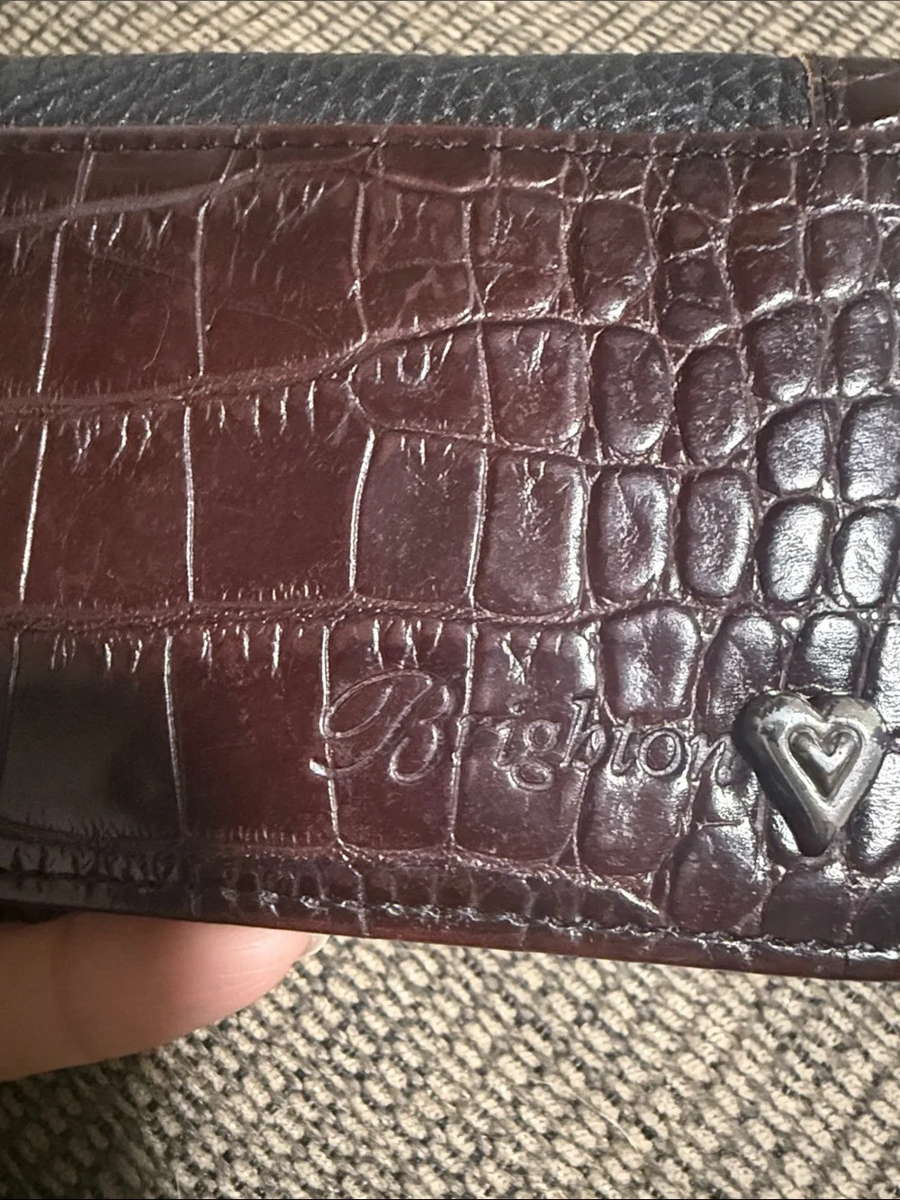Brighton Black Pebbled Leather Card Case with Brown Trim & Heart Medallion